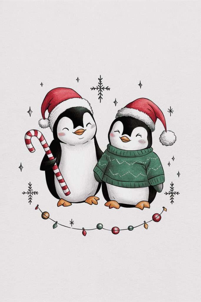 Cute penguins in Santa hats and a sweater, holding a candy cane, surrounded by holiday decorations and snowflakes.