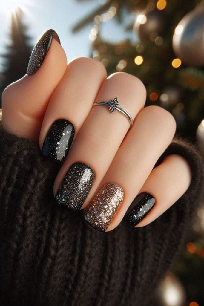 Black and gold glitter manicured nails with a silver ring, set against a festive background.