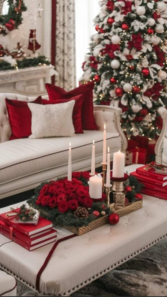 Elegant Christmas living room with decorated tree, candles, and red roses on the table, creating a festive atmosphere.