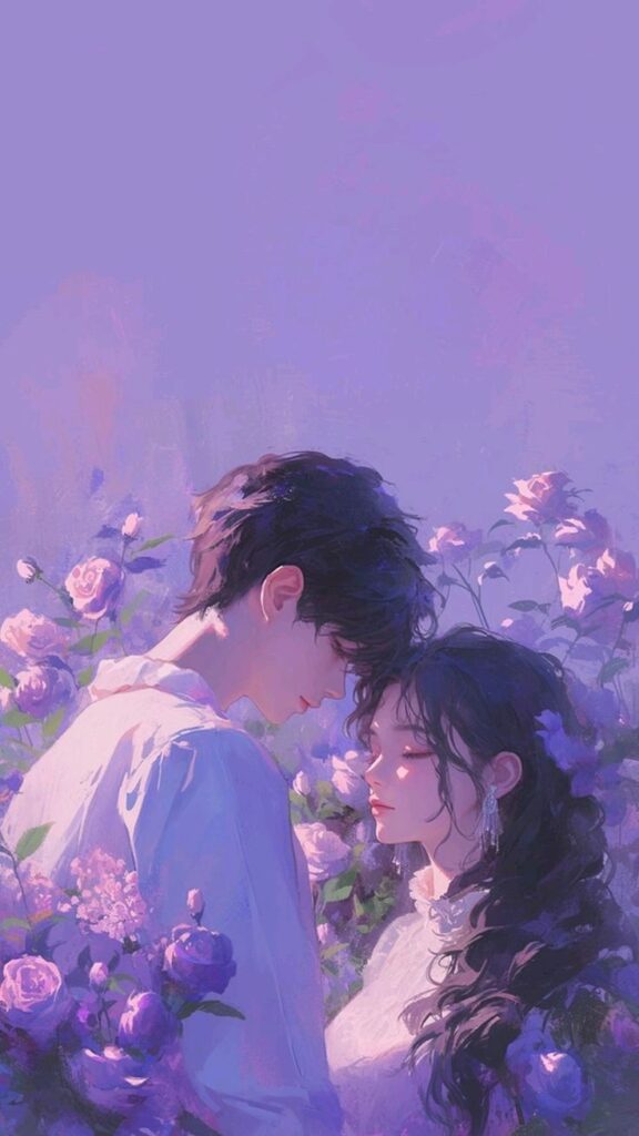 Romantic couple in a garden of purple flowers, illustrated artwork with soft pastel tones.