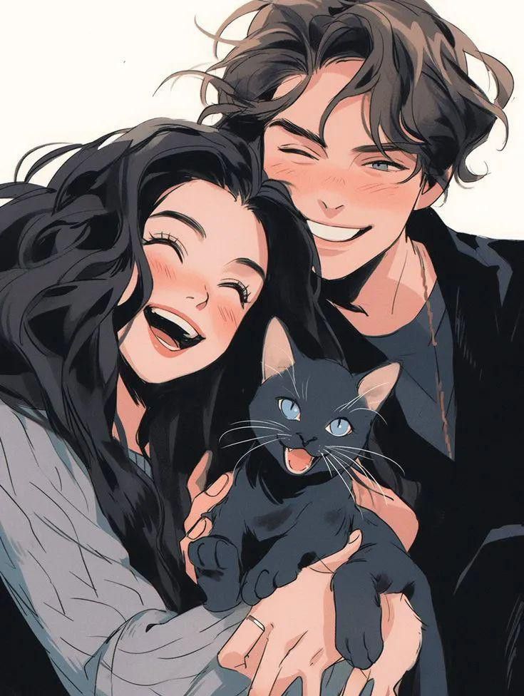 Happy couple with a black cat, anime style illustration showcasing joy and companionship.