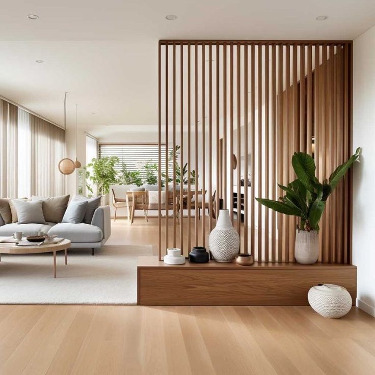 Modern living room with wooden divider, cozy sofa, plants, and stylish decor for a serene ambiance.