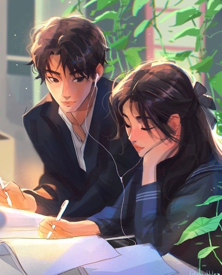 Two animated students studying together with headphones, surrounded by greenery and sunlight.