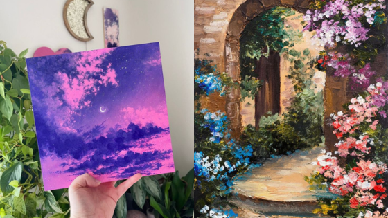 Colorful paintings with a dreamy purple sky and a vibrant arched garden doorway.