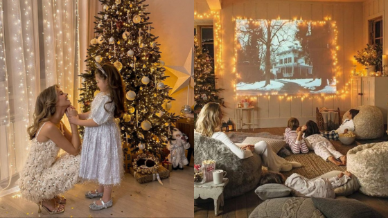 Cozy Christmas scene with a decorated tree, woman and girl dressed up, and family watching a movie in a warmly lit room.