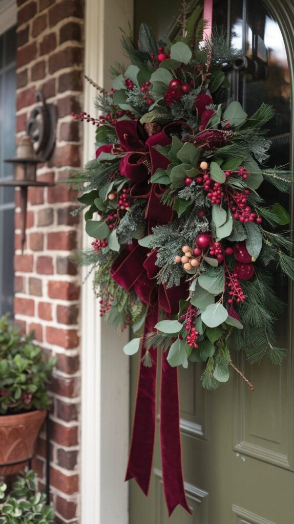 Festive holiday wreath with red berries and green foliage on a brick wall and green door background.