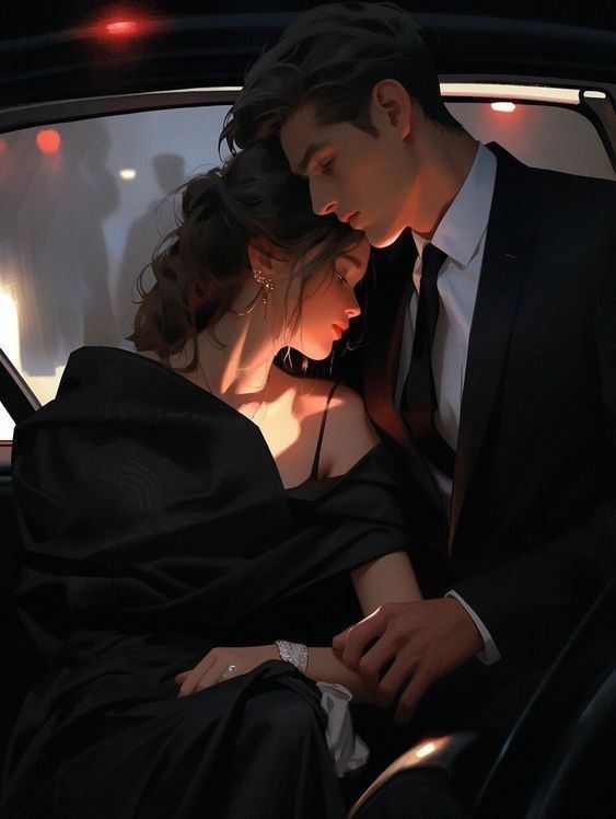 Elegant couple in a car, woman in black dress, man in tuxedo, romantic ambiance.