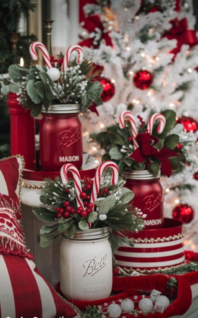 Festive Christmas decor with red and white Mason jars, candy canes, and holiday greenery in front of a lit tree.