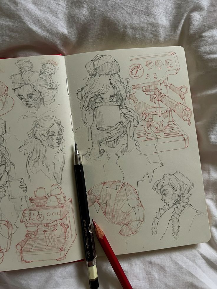 Sketchbook open to coffee-themed drawings, including a barista machine, girl sipping coffee, and pencils.