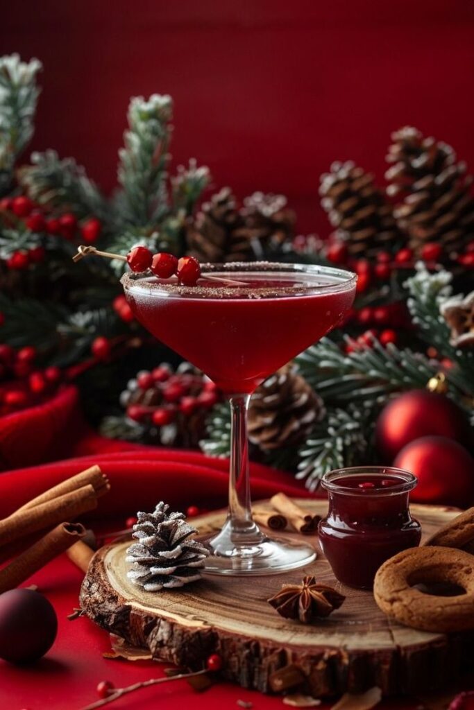 Festive cranberry cocktail with holiday decor, pine cones, cookies, and cinnamon sticks on a rustic wood slice.