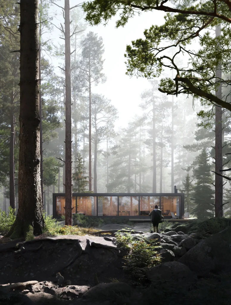 Modern glass house in serene forest setting with tall trees and a misty atmosphere.