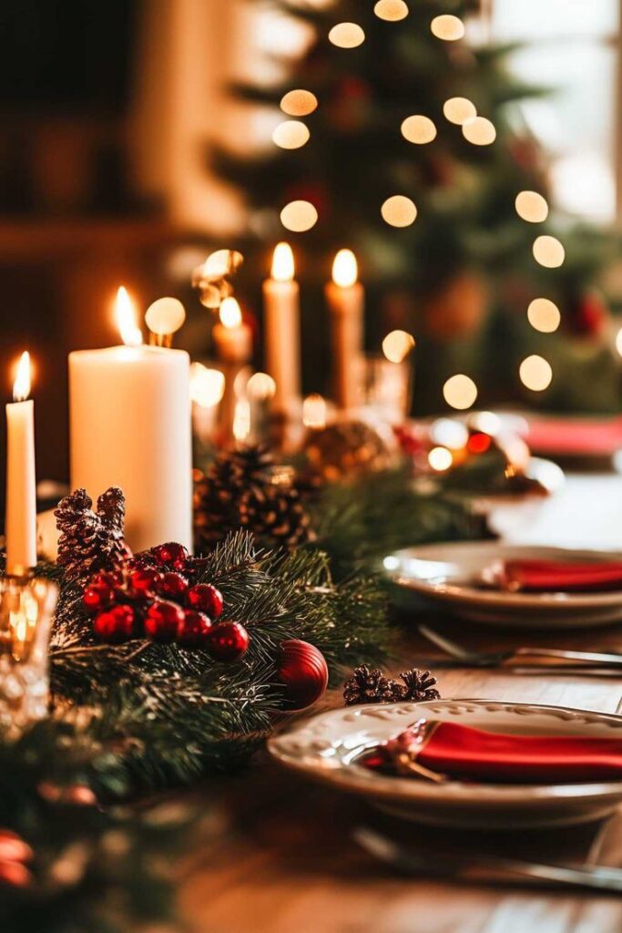 Festive holiday table setting with candles, greenery, red ornaments, and blurred Christmas lights in the background.