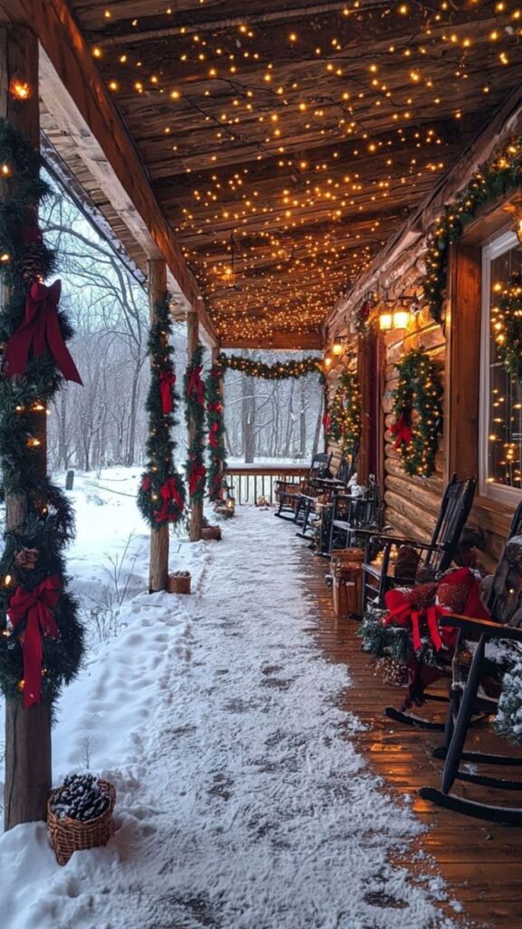 Snow-covered porch decorated with festive lights, wreaths, and rustic charm for a cozy winter holiday atmosphere.