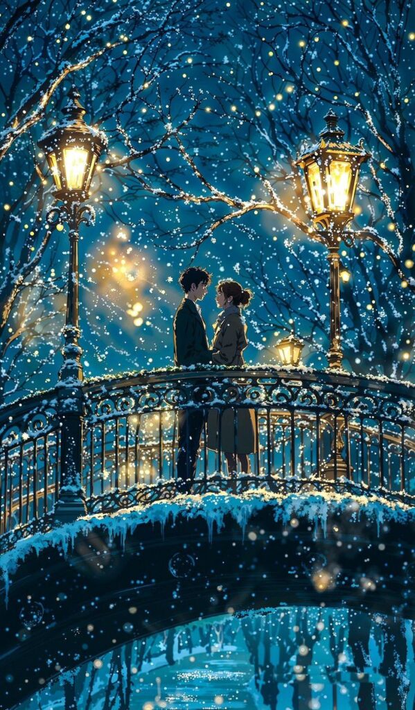 Romantic couple on a snowy bridge under street lamps at night, surrounded by falling snowflakes.