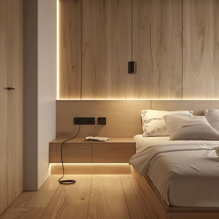 Modern minimalist bedroom with warm wood accents and soft ambient lighting.