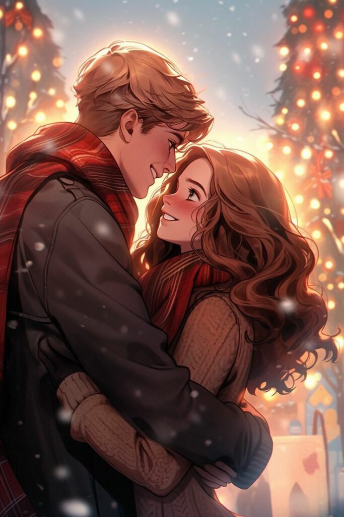 Romantic couple embracing in a festive winter setting with glowing lights and snowflakes.