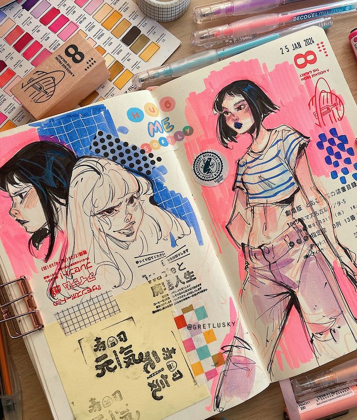 Sketchbook with colorful illustrations, pens, markers, and Washi tape on a desk.