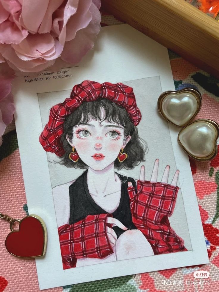 Illustration of a girl in a red plaid outfit with heart earrings, surrounded by pink flowers and jewelry.