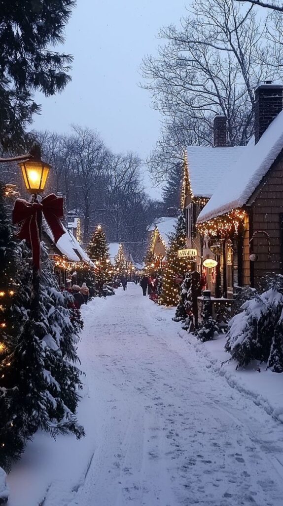 Snow-covered village street with festive Christmas lights and decorated trees lining the path.