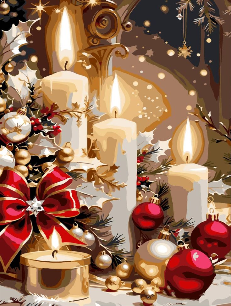 Festive Christmas candles with red and gold ornaments, holly, and a bow, creating a warm holiday atmosphere.