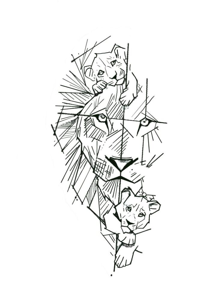 Abstract lioness with cubs line art illustration, geometric style, black and white design.