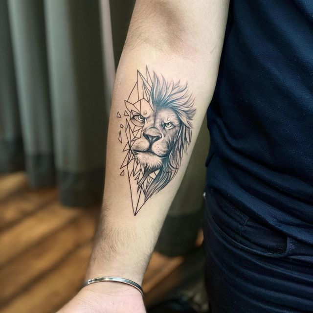 Geometric lion tattoo on forearm combining realism and abstract design.