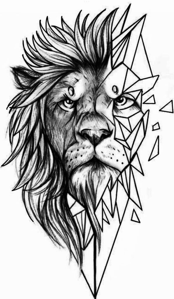 Geometric lion illustration, split design with intricate sketch and polygonal elements, black and white.