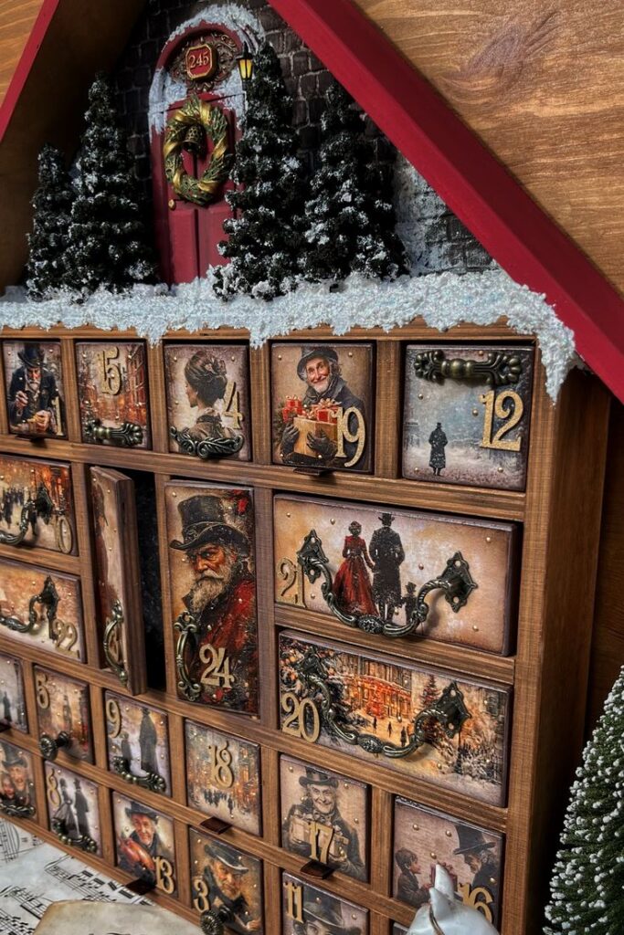 Vintage Christmas-themed advent calendar with decorative holiday scenes and snowy details.