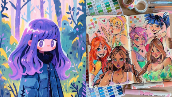 Colorful illustration of a girl with purple hair and sketchbook portraits of diverse smiling women in vibrant settings.