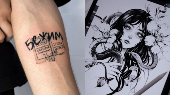 Tattoo of a bus ticket with Cyrillic script on an arm; digital art of a woman with flowers and snakes on a tablet.