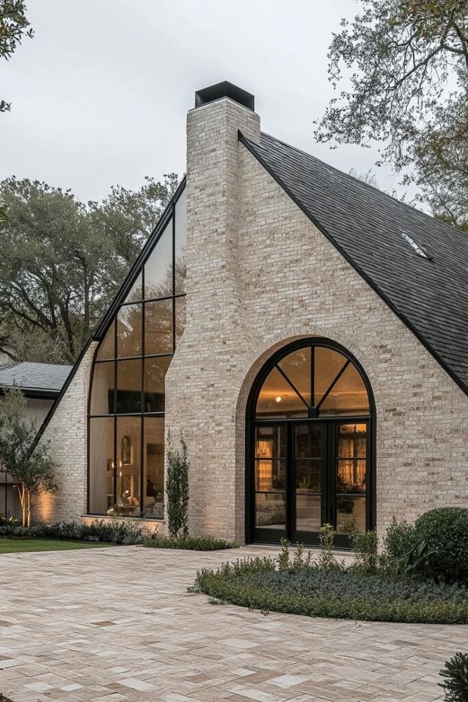 Modern brick house with large arched windows and black roof surrounded by greenery.