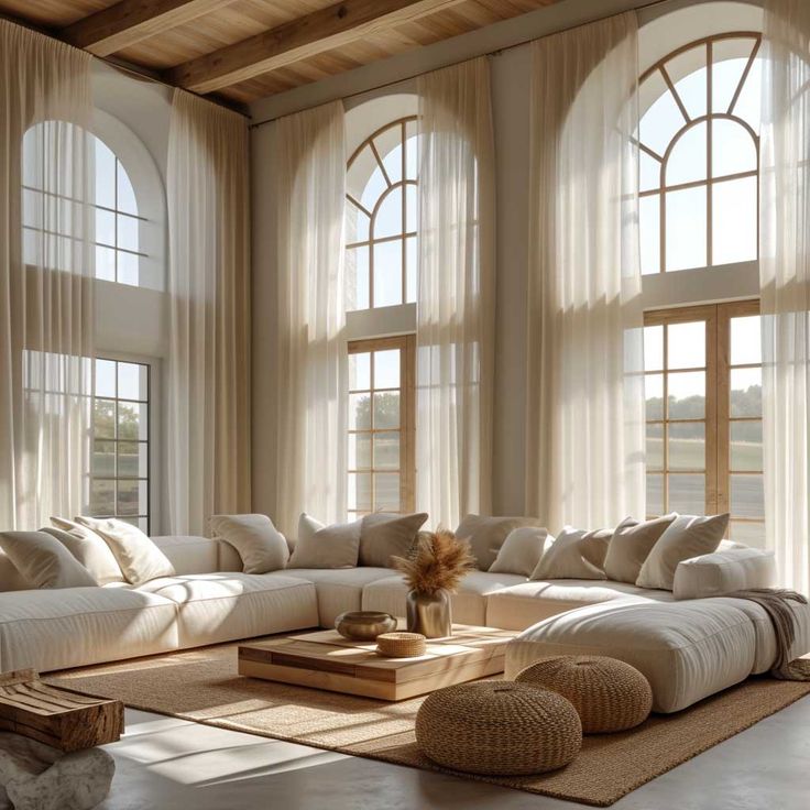 Elegant living room with large windows, cozy beige sofa, natural decor, and soft lighting.