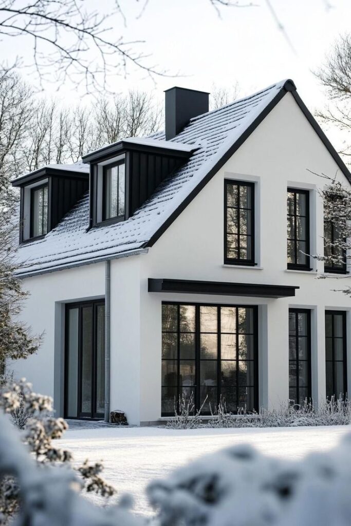 Modern white house in snowy landscape with large windows and gable roof under a clear winter sky.