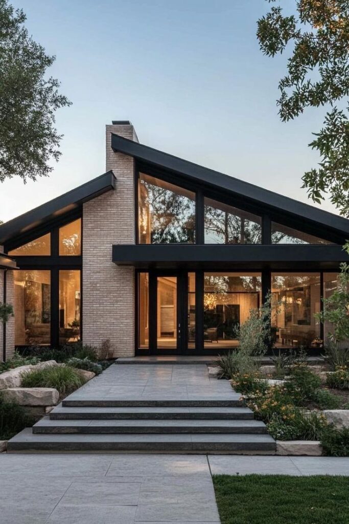 Modern house exterior with large windows, sloped roof, and landscaped front yard at sunset.