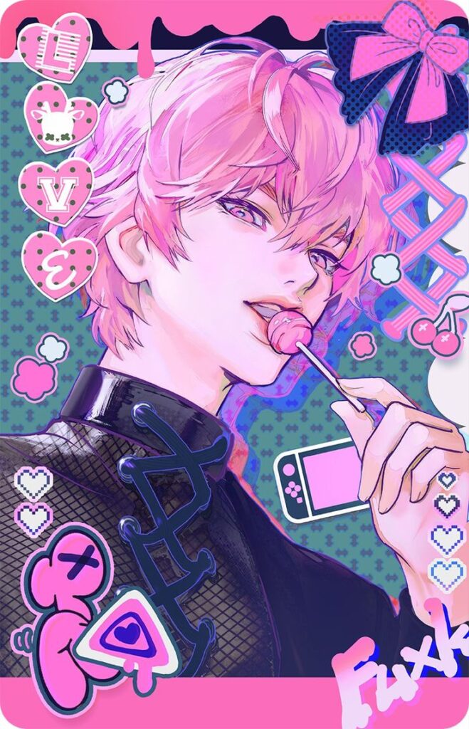 Pink-haired anime character with lollipop and decorative elements, hearts, and bows in vibrant, playful style.