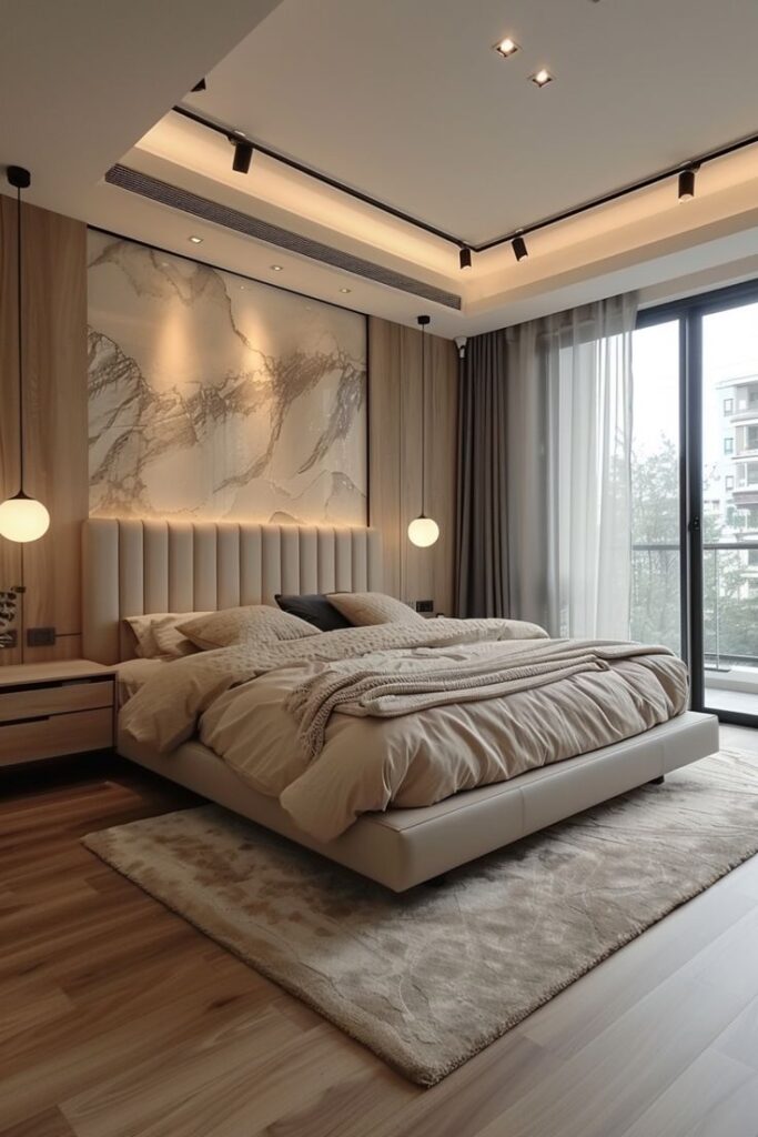 Modern bedroom with cozy bed, elegant lighting, and stylish decor, featuring a balcony view and wooden flooring.