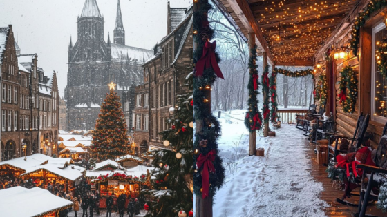 Festive Christmas market and cozy snow-covered porch adorned with holiday lights and decorations.