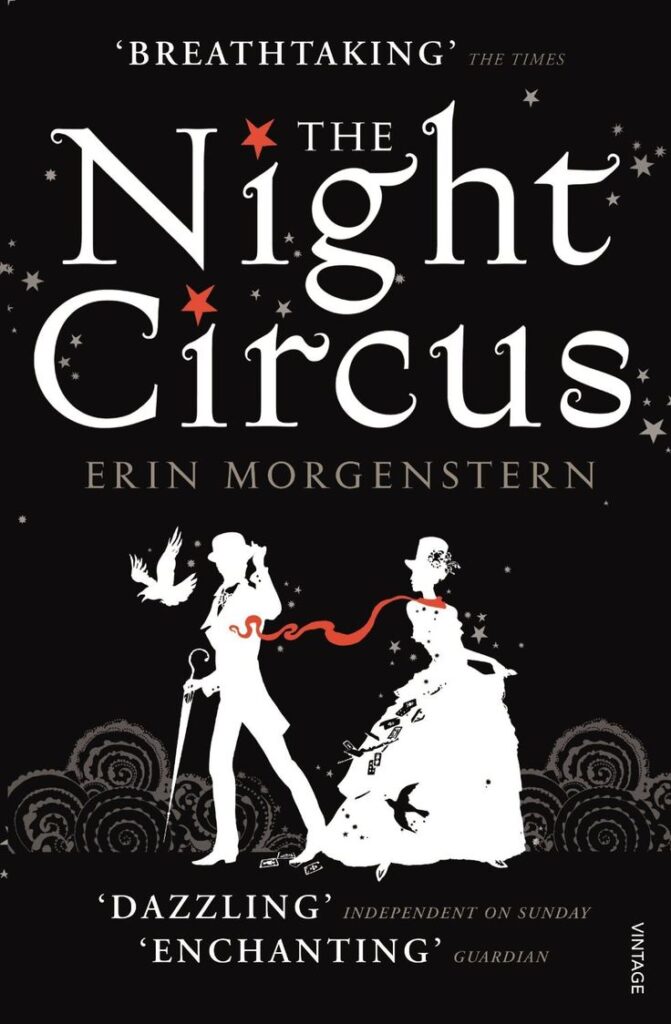 Cover of The Night Circus by Erin Morgenstern, with silhouettes and starry night theme.