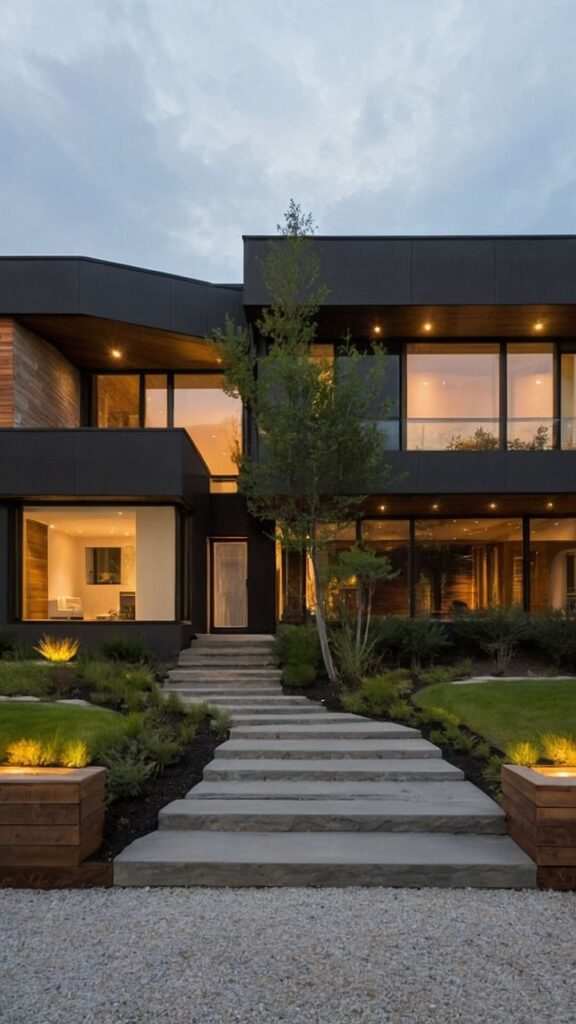 Modern two-story house with large windows, evening lights, and landscaped garden.