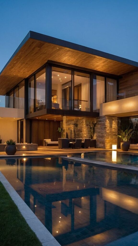 Modern luxury home with a pool, large windows, and warm evening lighting reflecting on the water.