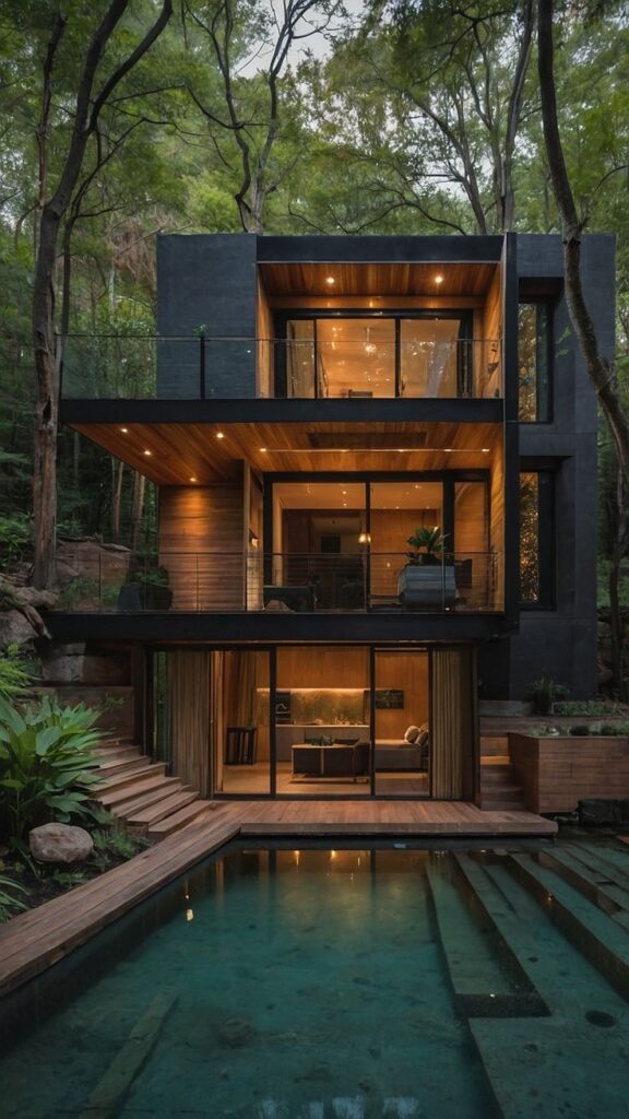 Modern two-story house with glass facade and pool in a lush forest setting, glowing warmly at dusk.