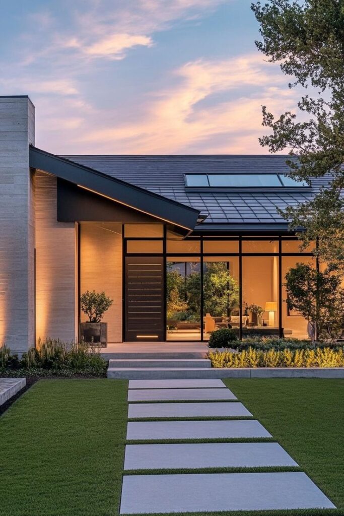 Modern house exterior with glass walls and lush garden at sunset.