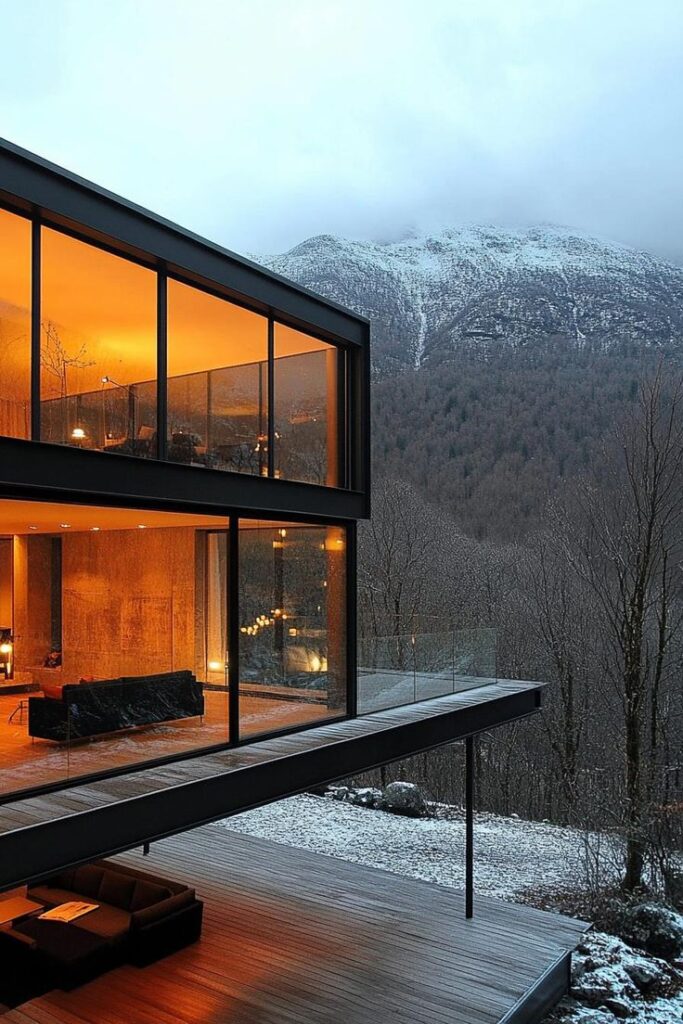 Modern glass house with warm lighting set against snowy mountain backdrop.