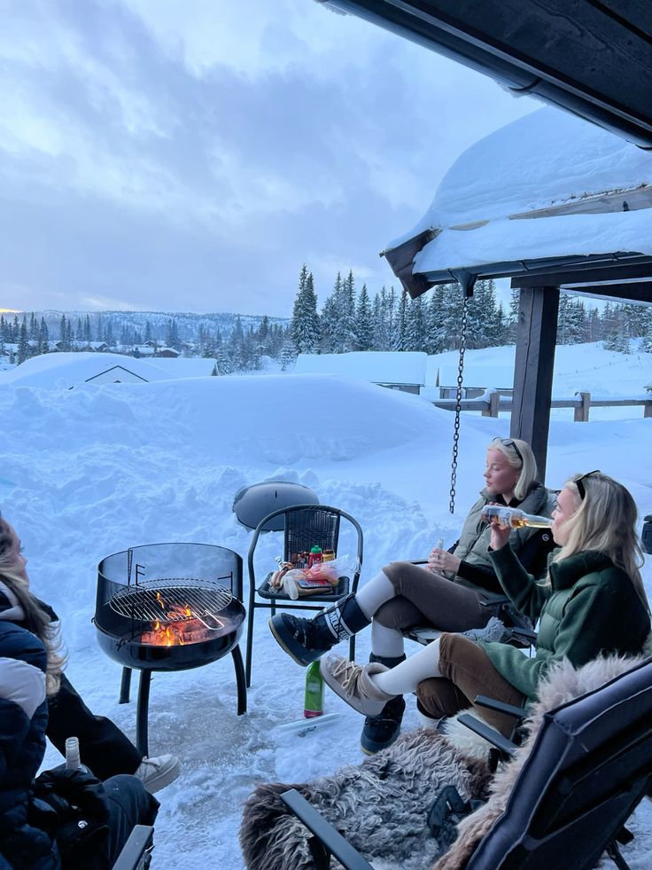 People enjoying a snowy outdoor barbecue, seated by a fire pit on a winter day, surrounded by snow and trees.