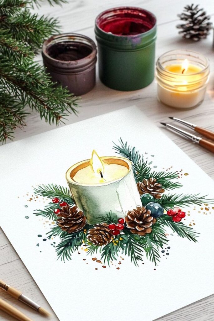 Festive watercolor painting of a candle with pinecones, berries, and branches. Art supplies and a lit candle nearby.