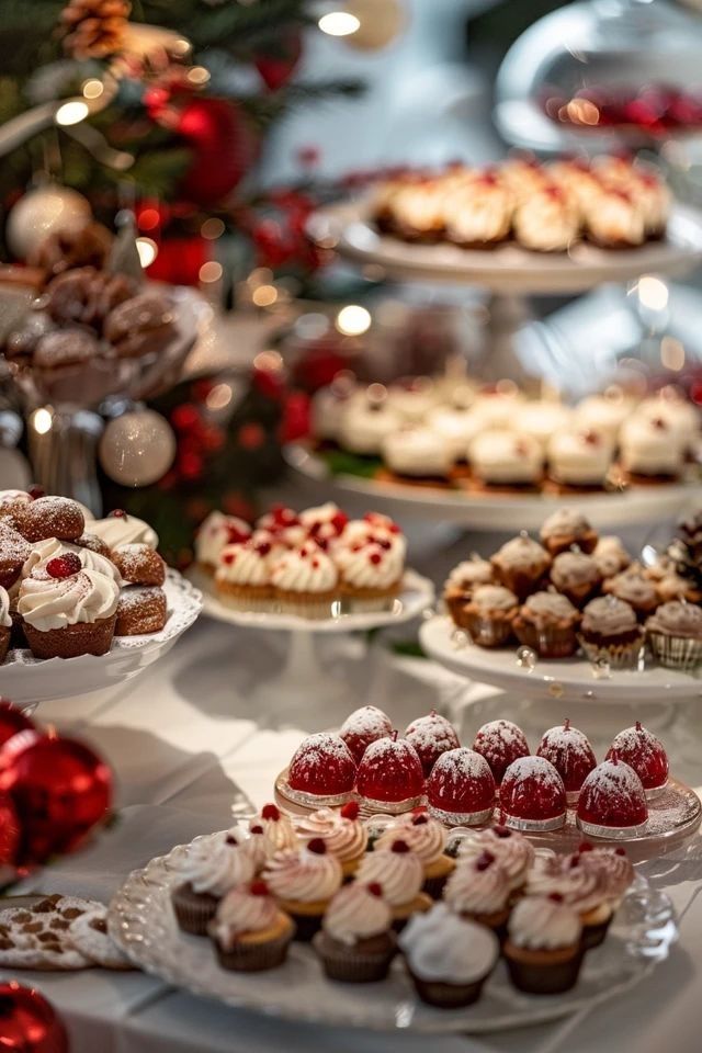 Festive dessert table with assorted cupcakes and pastries, decorated with red and white holiday accents.