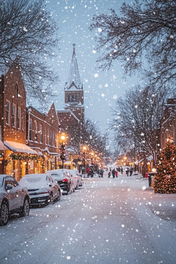 Snowy town street with festive lights, cars covered in snow, and a church steeple in the background.