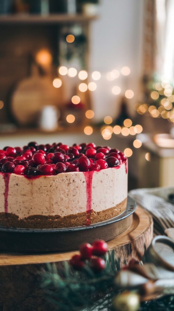 Delicious cranberry-topped cheesecake on a wooden platter, surrounded by festive holiday lights.