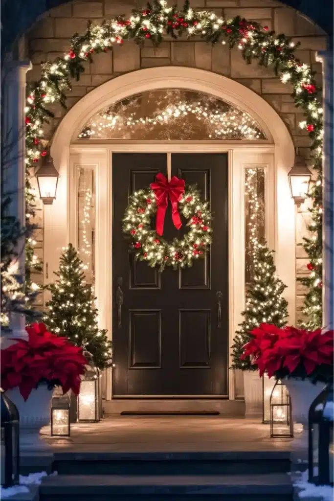 Festive front door with Christmas wreath, lights, and decorated trees creating a warm holiday welcome.