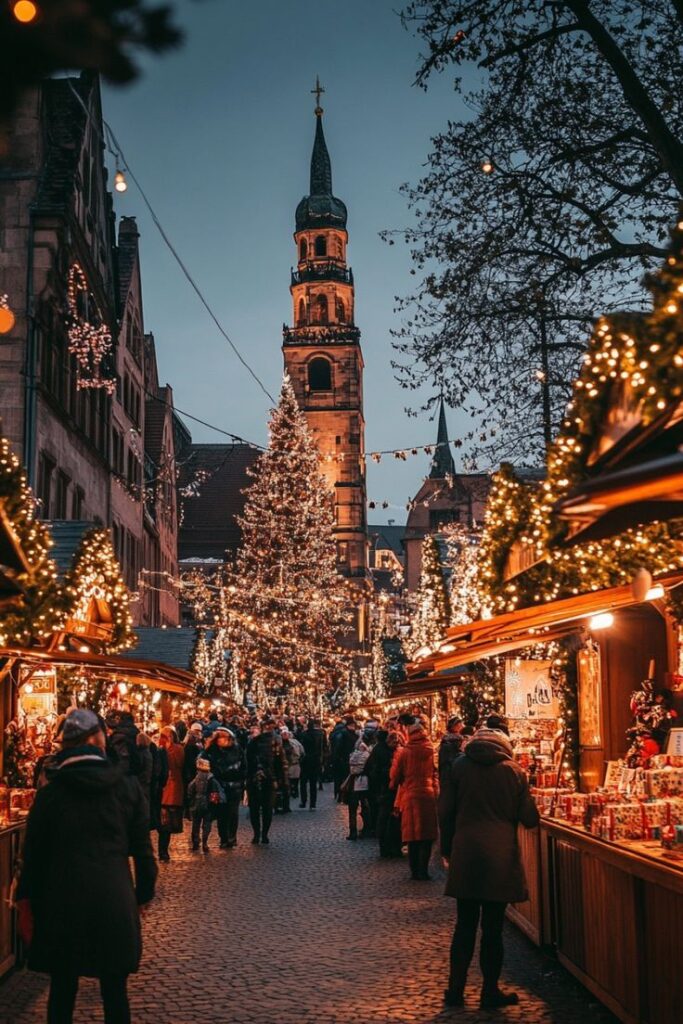 Festive Christmas market with lights, decorated trees, and crowds at dusk, featuring a tall, illuminated church tower.